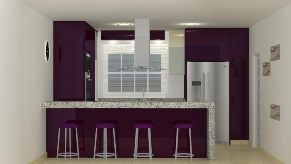 render cocina, cocina moderna, cocina grande, peninsula, piedra natural, diseño, cocina integral,